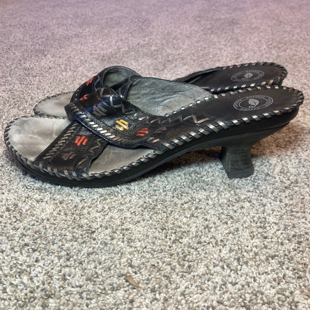 Nurture Womens Black Leather Whipstitch Embroidered Kitten Heel Slide Sandals 9M - Picture 2 of 9